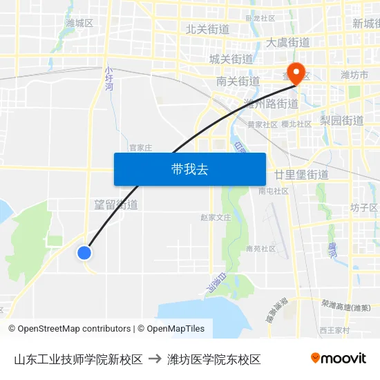 山东工业技师学院新校区 to 潍坊医学院东校区 map