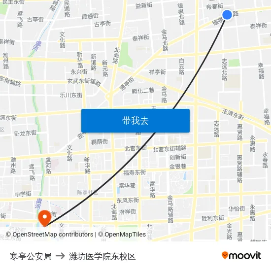 寒亭公安局 to 潍坊医学院东校区 map