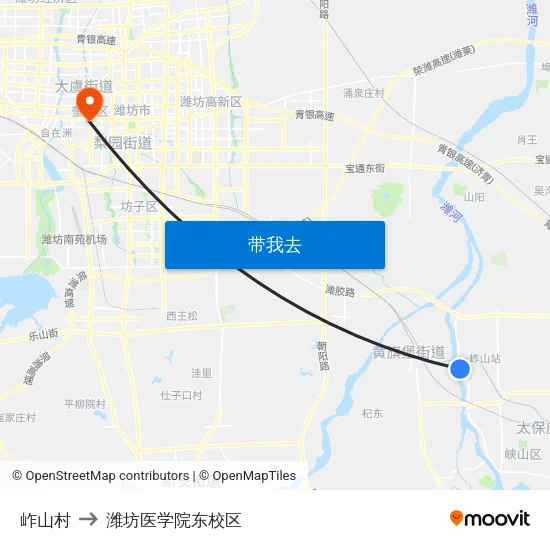 岞山村 to 潍坊医学院东校区 map