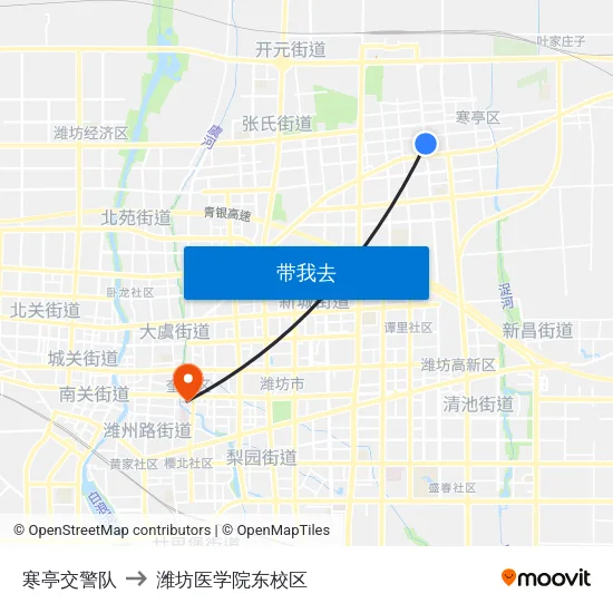 寒亭交警队 to 潍坊医学院东校区 map