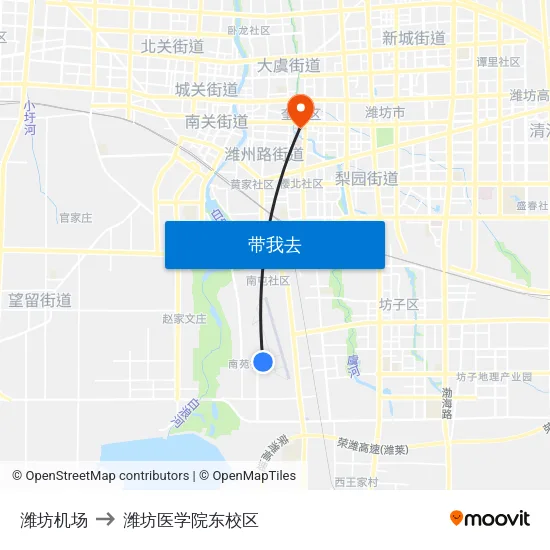 潍坊机场 to 潍坊医学院东校区 map