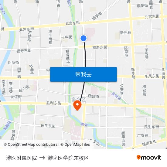 潍医附属医院 to 潍坊医学院东校区 map