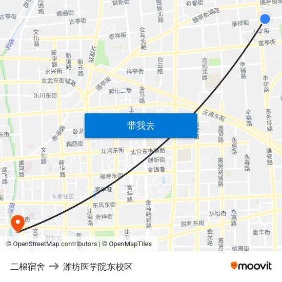 二棉宿舍 to 潍坊医学院东校区 map