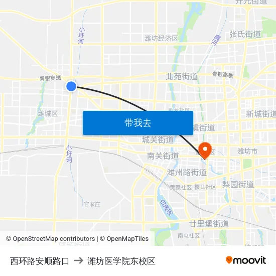 西环路安顺路口 to 潍坊医学院东校区 map