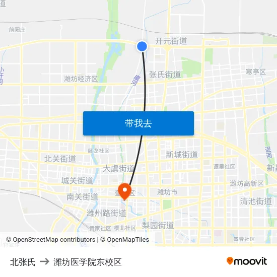 北张氏 to 潍坊医学院东校区 map