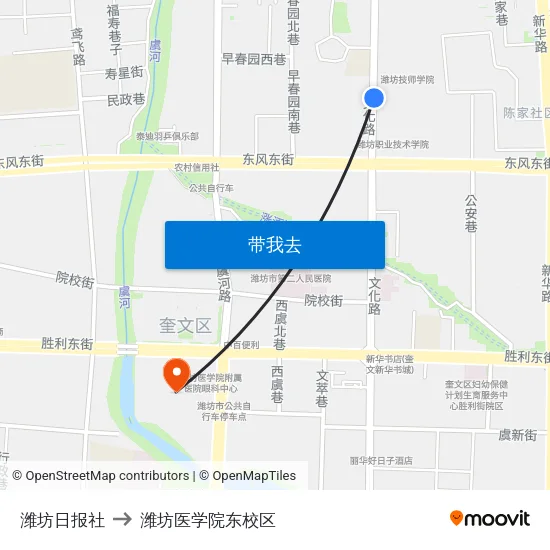 潍坊日报社 to 潍坊医学院东校区 map