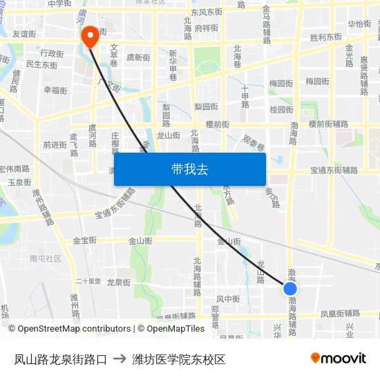 凤山路龙泉街路口 to 潍坊医学院东校区 map