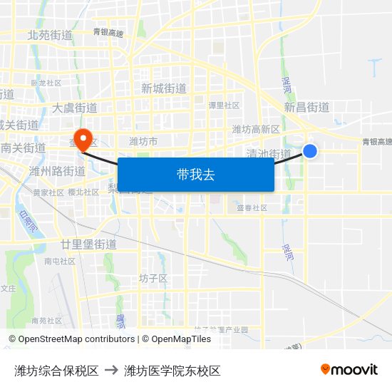 潍坊综合保税区 to 潍坊医学院东校区 map