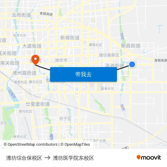 潍坊综合保税区 to 潍坊医学院东校区 map