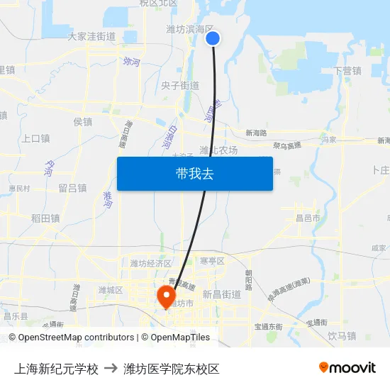 上海新纪元学校 to 潍坊医学院东校区 map