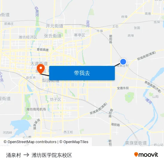 涌泉村 to 潍坊医学院东校区 map