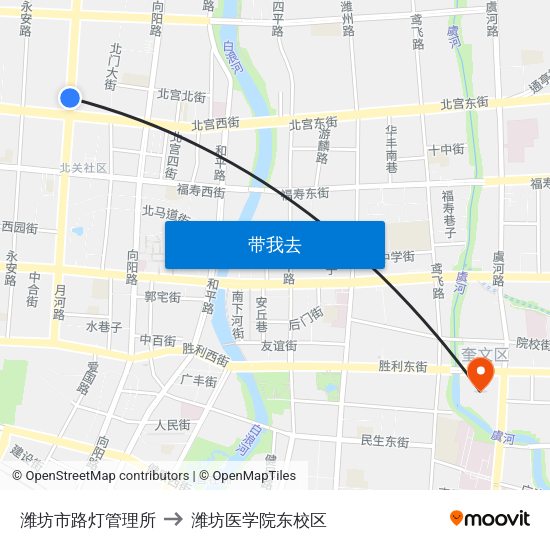 潍坊市路灯管理所 to 潍坊医学院东校区 map