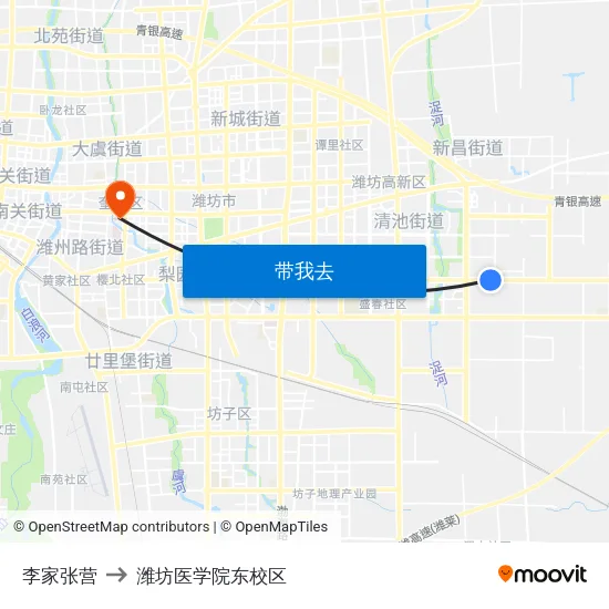 李家张营 to 潍坊医学院东校区 map