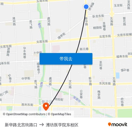 新华路北宫街路口 to 潍坊医学院东校区 map