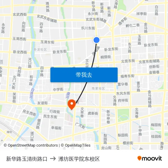 新华路玉清街路口 to 潍坊医学院东校区 map