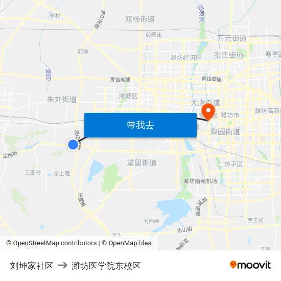 刘坤家社区 to 潍坊医学院东校区 map