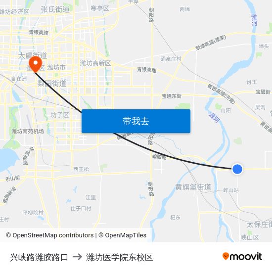 兴峡路潍胶路口 to 潍坊医学院东校区 map