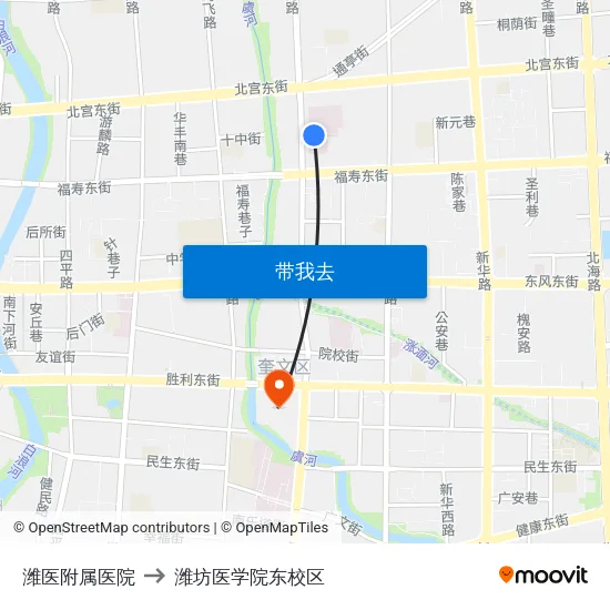 潍医附属医院 to 潍坊医学院东校区 map