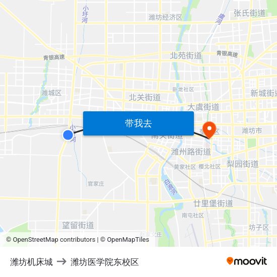 潍坊机床城 to 潍坊医学院东校区 map