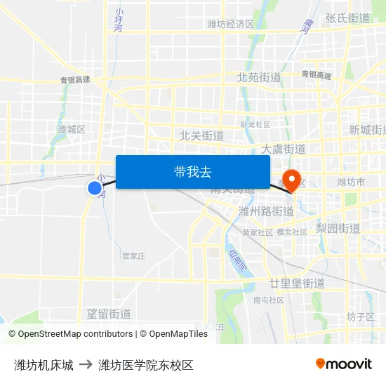 潍坊机床城 to 潍坊医学院东校区 map