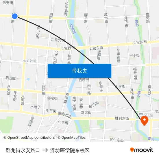 卧龙街永安路口 to 潍坊医学院东校区 map