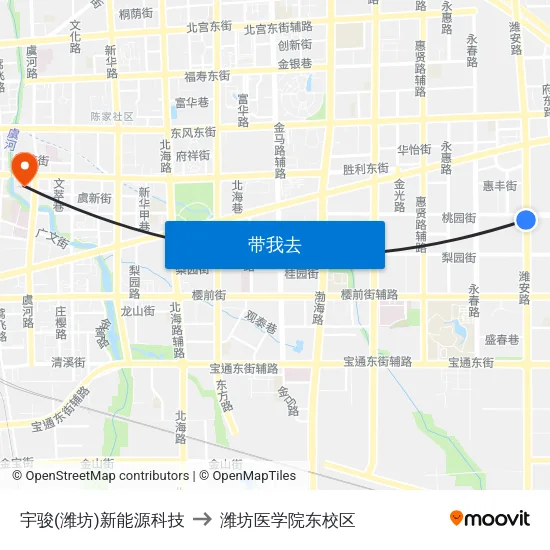 宇骏(潍坊)新能源科技 to 潍坊医学院东校区 map