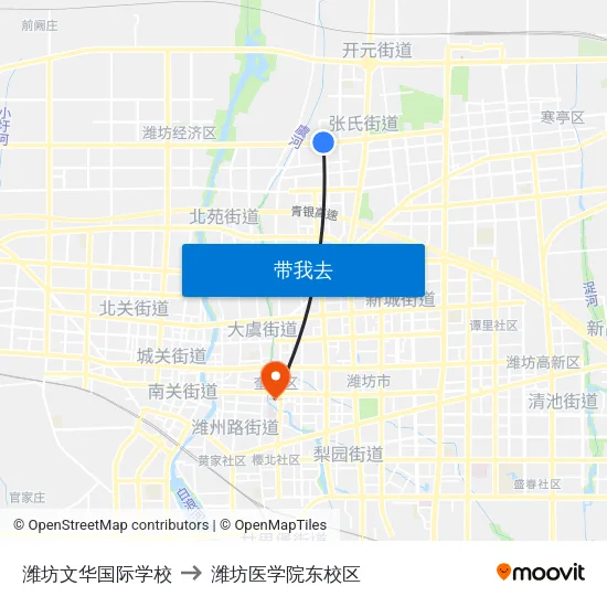潍坊文华国际学校 to 潍坊医学院东校区 map