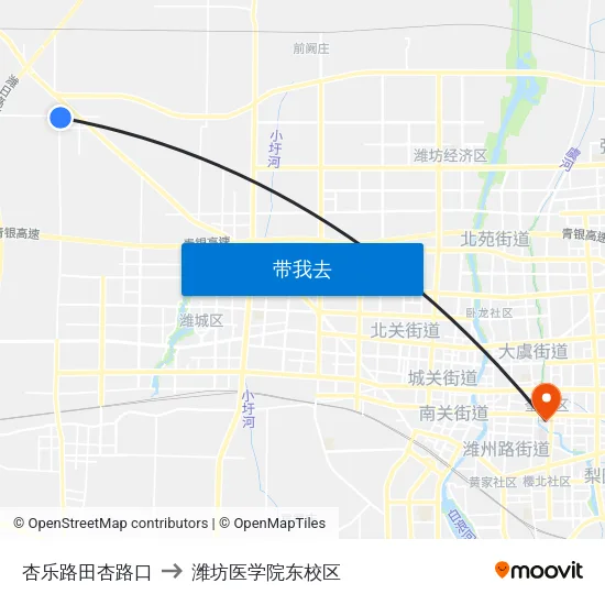 杏乐路田杏路口 to 潍坊医学院东校区 map