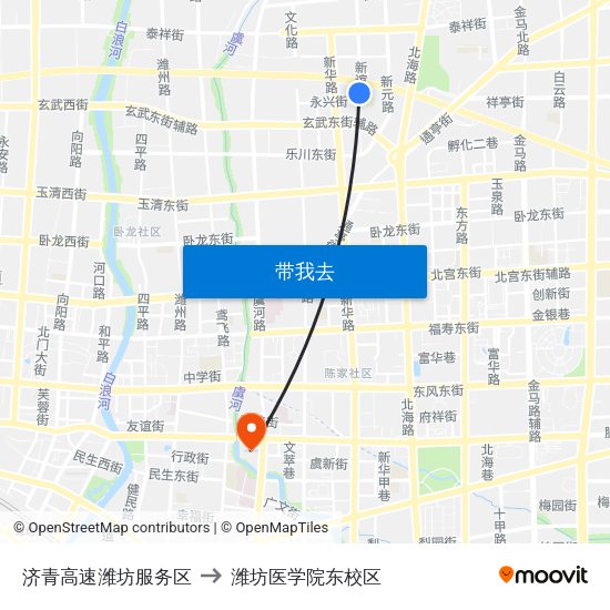济青高速潍坊服务区 to 潍坊医学院东校区 map