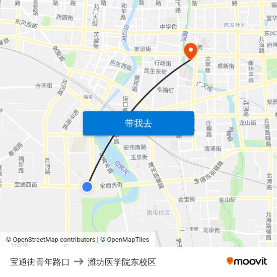 宝通街青年路口 to 潍坊医学院东校区 map