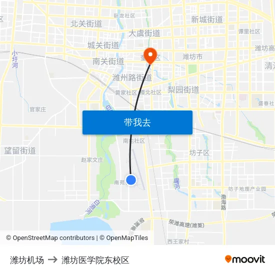 潍坊机场 to 潍坊医学院东校区 map