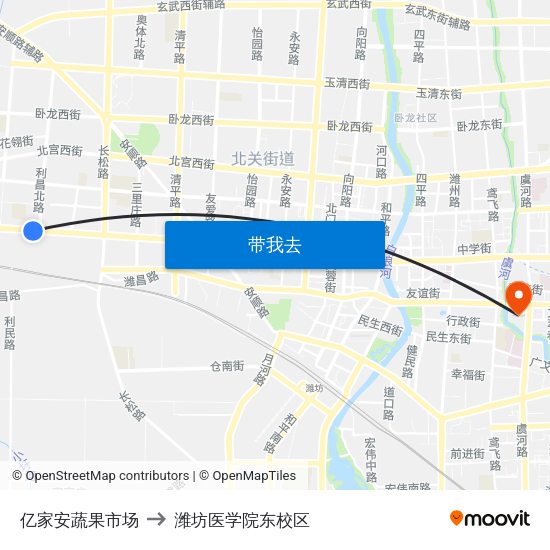 亿家安蔬果市场 to 潍坊医学院东校区 map