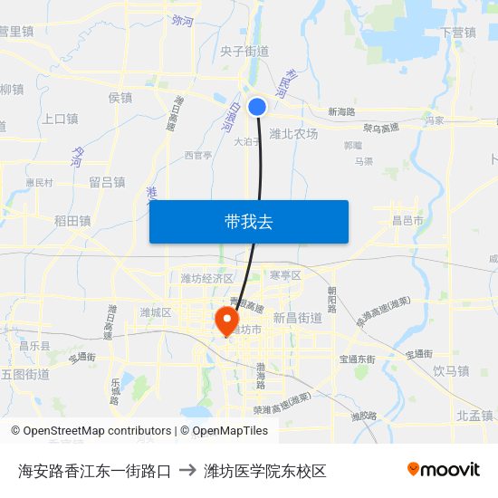 海安路香江东一街路口 to 潍坊医学院东校区 map