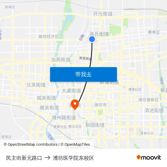 民主街新元路口 to 潍坊医学院东校区 map