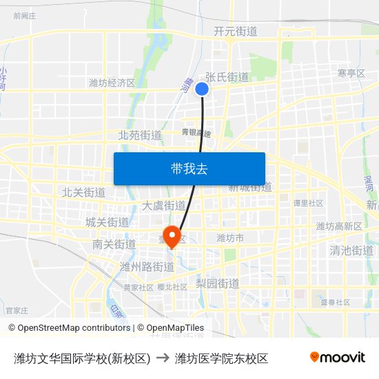 潍坊文华国际学校(新校区) to 潍坊医学院东校区 map