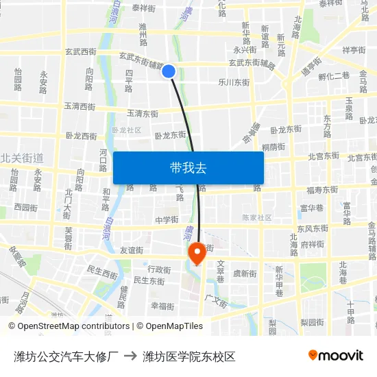 潍坊公交汽车大修厂 to 潍坊医学院东校区 map