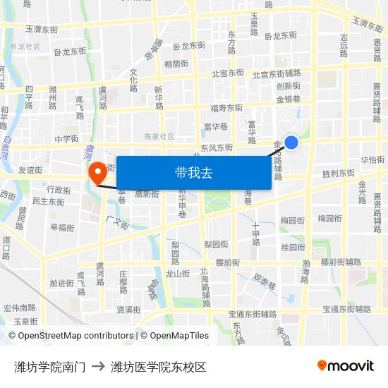 潍坊学院南门 to 潍坊医学院东校区 map