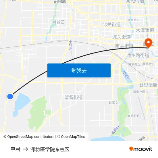 二甲村 to 潍坊医学院东校区 map