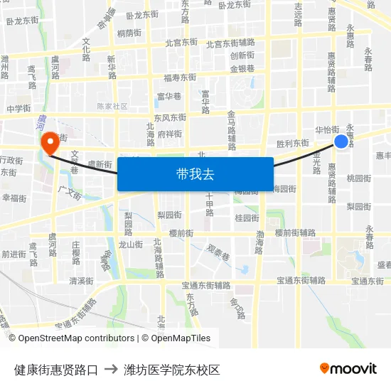 健康街惠贤路口 to 潍坊医学院东校区 map