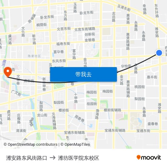 潍安路东风街路口 to 潍坊医学院东校区 map