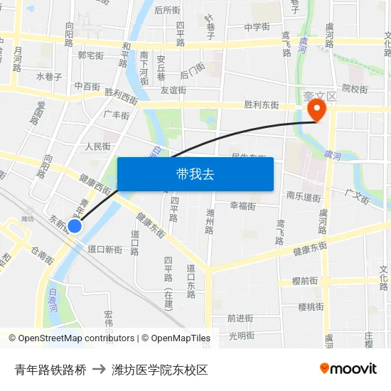 青年路铁路桥 to 潍坊医学院东校区 map