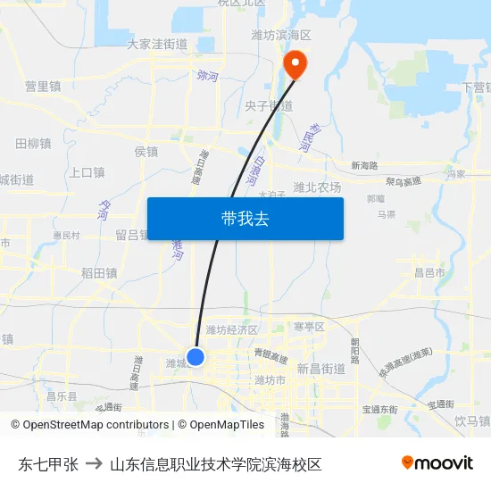 东七甲张 to 山东信息职业技术学院滨海校区 map
