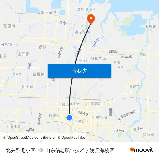 北关卧龙小区 to 山东信息职业技术学院滨海校区 map