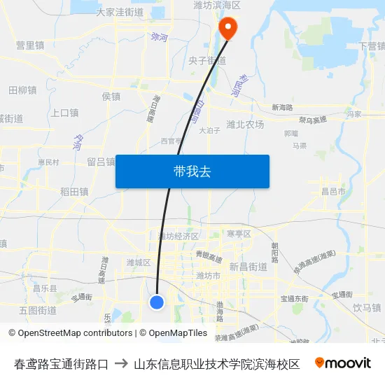春鸢路宝通街路口 to 山东信息职业技术学院滨海校区 map