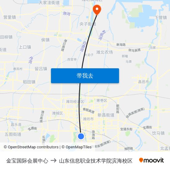 金宝国际会展中心 to 山东信息职业技术学院滨海校区 map