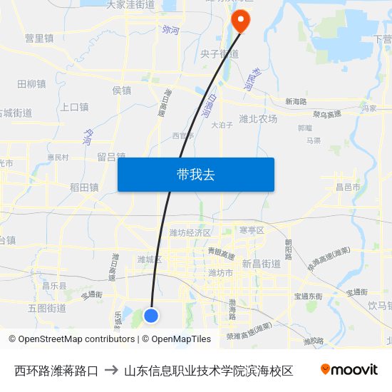 西环路潍蒋路口 to 山东信息职业技术学院滨海校区 map