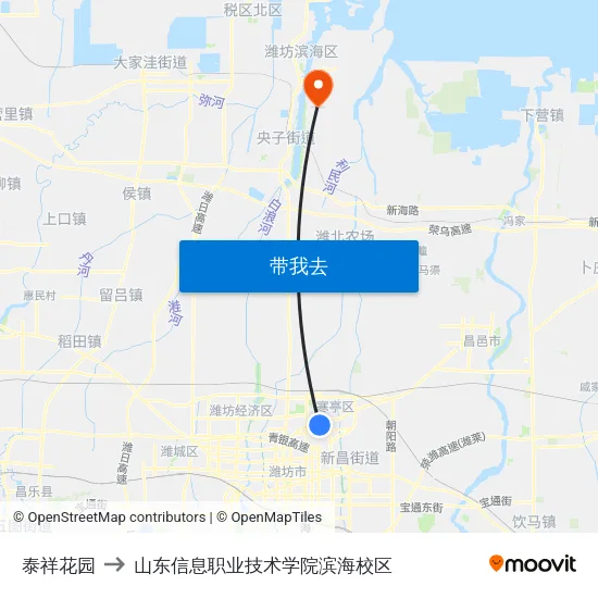 泰祥花园 to 山东信息职业技术学院滨海校区 map