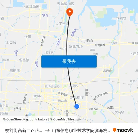 樱前街高新二路路口 to 山东信息职业技术学院滨海校区 map
