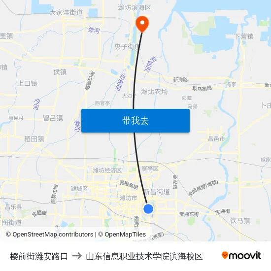樱前街潍安路口 to 山东信息职业技术学院滨海校区 map