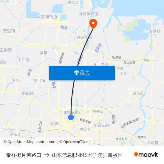 泰祥街月河路口 to 山东信息职业技术学院滨海校区 map